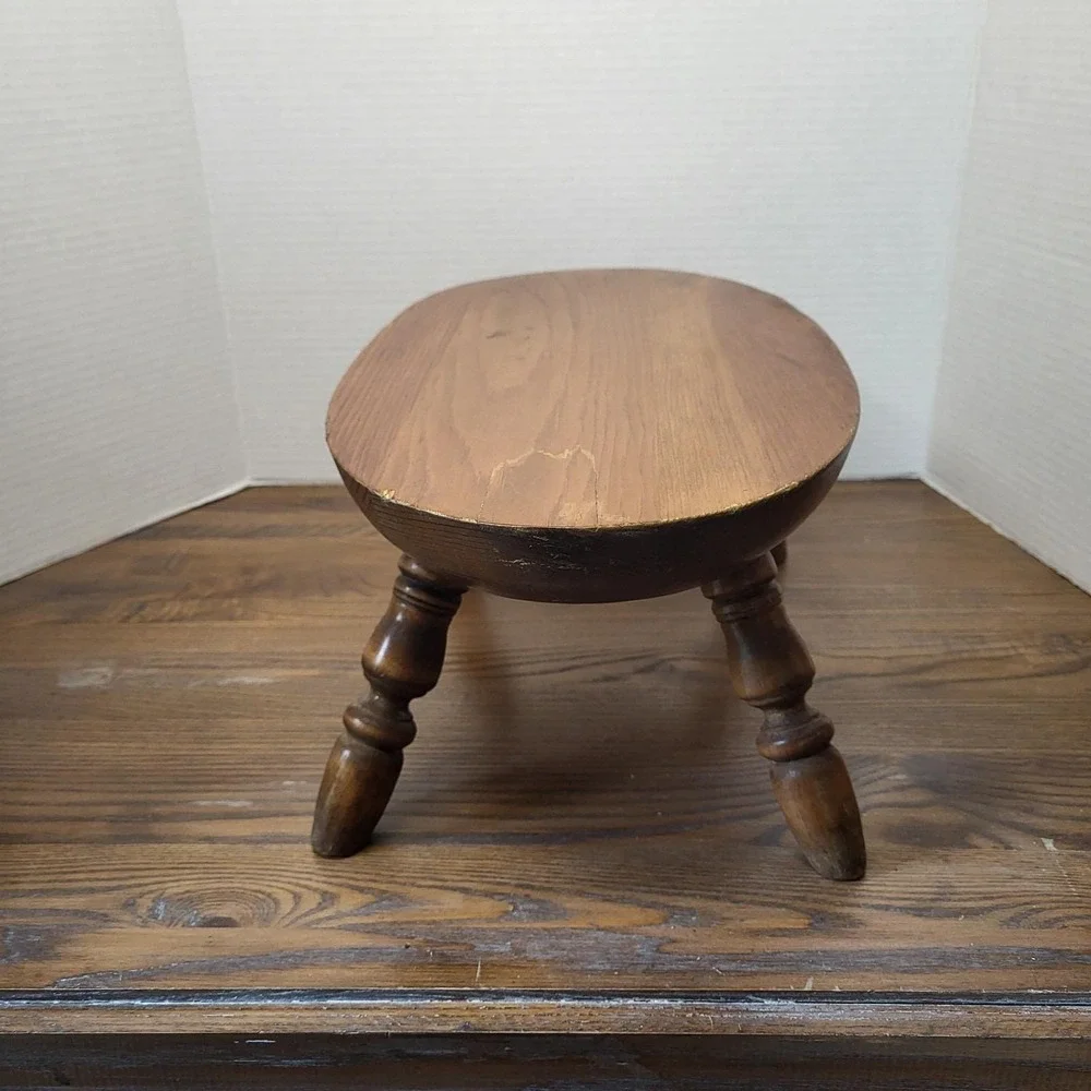 VTG Wood Bench Step Stool Oval Top Windsor Style Turned Legs 7